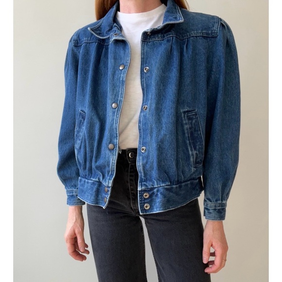 Vintage Dark Blue Bomber Jean Jacket Size Medium Stranger Things Puff Shoulder - Picture 2 of 9